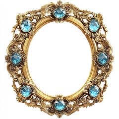 Ornate gold frame with blue gems, isolated, white background, design element