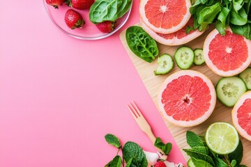 Naklejka premium Fresh Fruits and Greens on Pink Background with Wooden Utensils