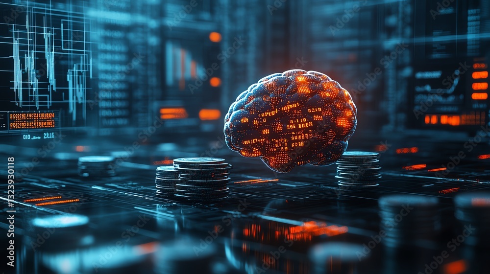 Fototapete futuristic finance scene with glowing brain representing artificial intelligence, hovering over stac
