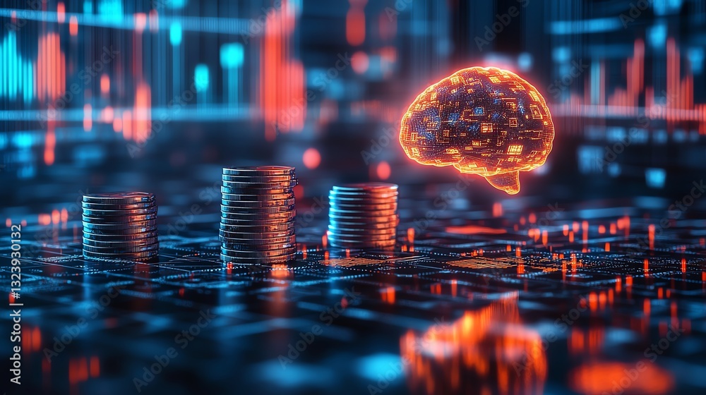 Fototapete futuristic finance scene with glowing brain representing artificial intelligence, hovering over stac