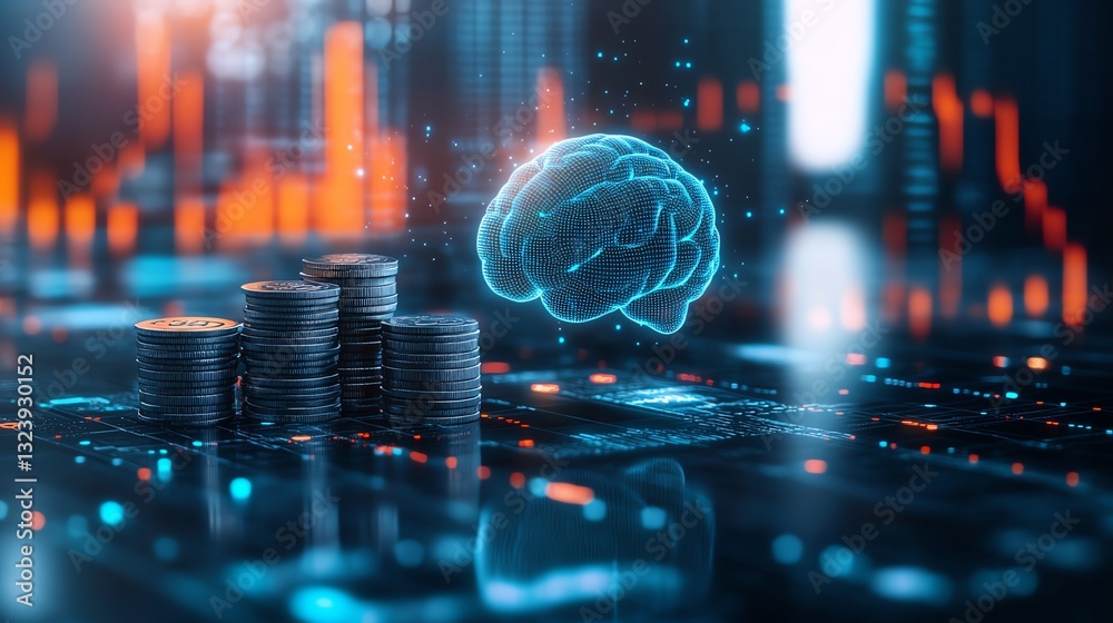 Leinwandbilder Futuristic finance scene with glowing brain representing artificial intelligence, hovering over stacks of coins, digital financial charts and data analysis
