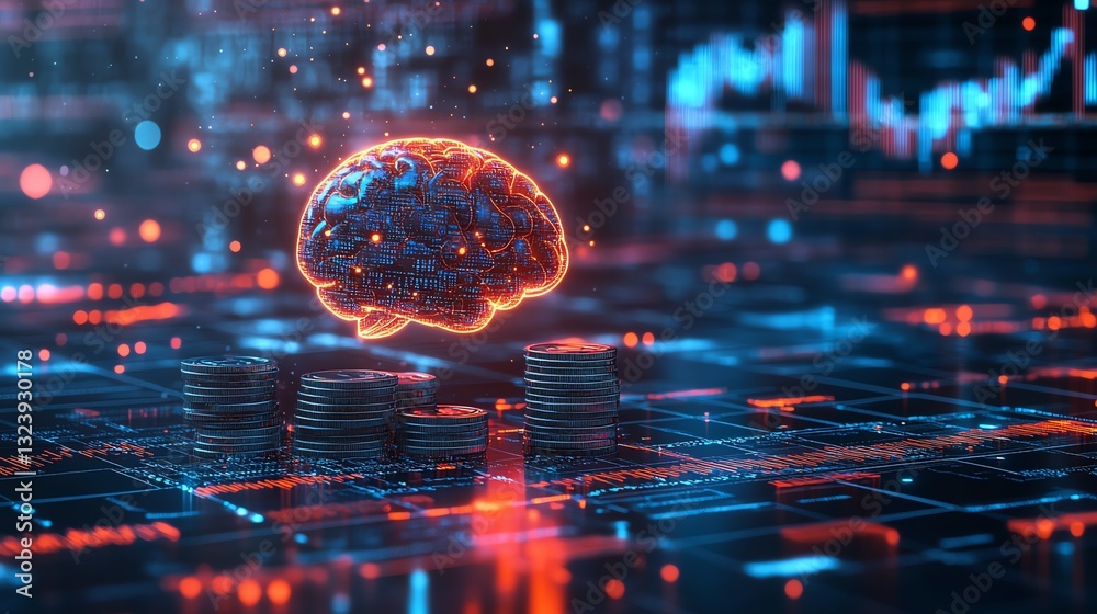 Fototapete futuristic finance scene with glowing brain representing artificial intelligence, hovering over stac