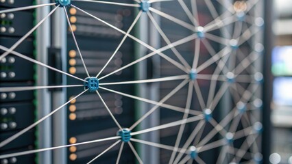 machine learning deep learning optimization concept. Network connections in a data center with servers in the background.