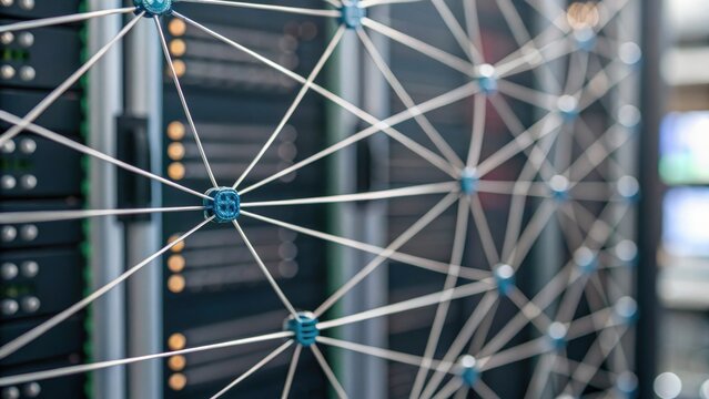 machine learning deep learning optimization concept. Network connections in a data center with servers in the background.