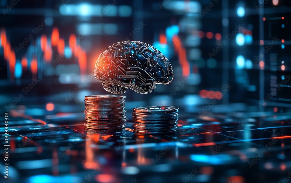 Aufkleber Glowing brain symbolizing AI in finance, sitting atop stacked coins, with digital graphs and futuristic financial technologies in a sleek environment