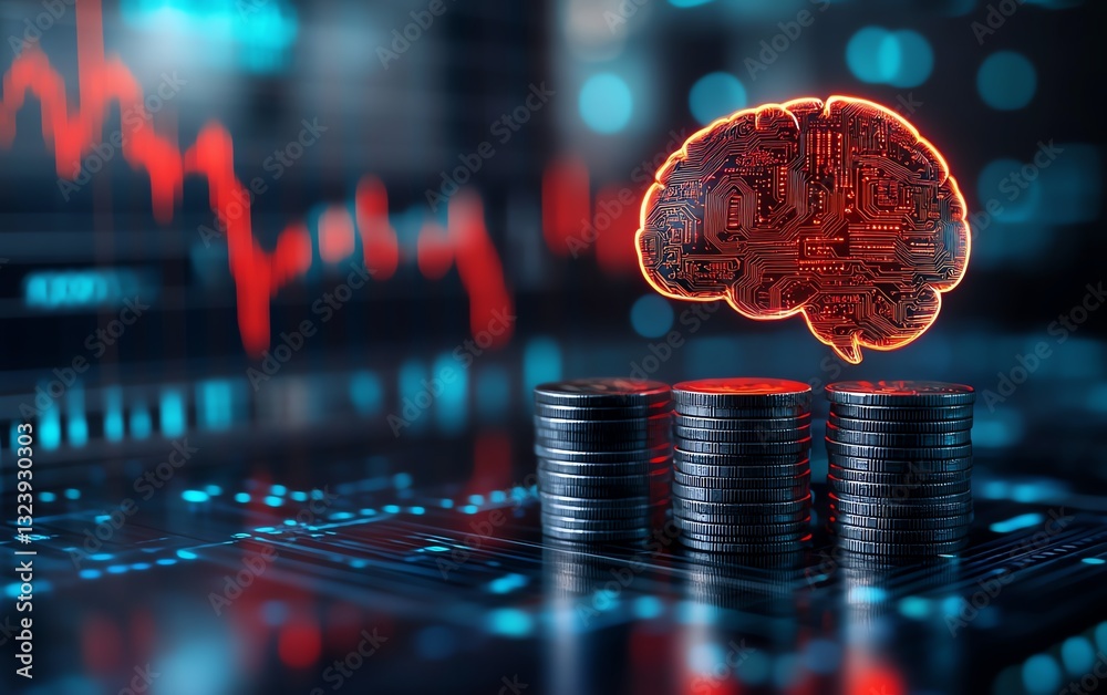 Aufkleber Glowing brain symbolizing AI in finance, sitting atop stacked coins, with digital graphs and futuristic financial technologies in a sleek environment