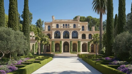 Elegant mansion facade surrounded by symmetrical manicured gardens, vibrant flowers