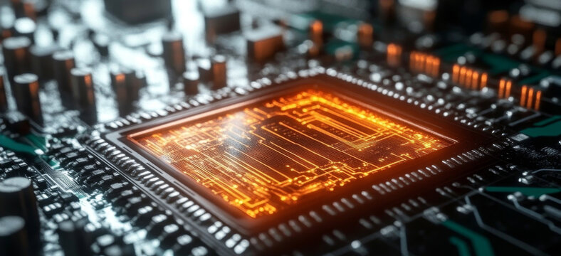 The close-up view shows a quantum computer's processing unit with bright, glowing circuits. This advanced technology represents a significant leap in computing power and speed.