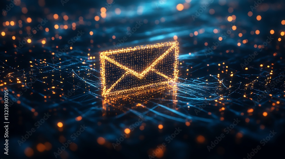 Aufkleber 3D rendered digital email icon formed from glowing pixels in cyberspace, with futuristic design, data flow, and cybernetic network connections