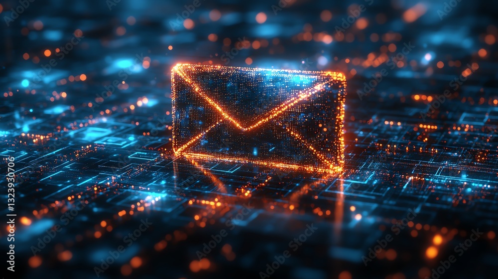 Poster 3d rendered digital email icon formed from glowing pixels in cyberspace, with futuristic design, dat