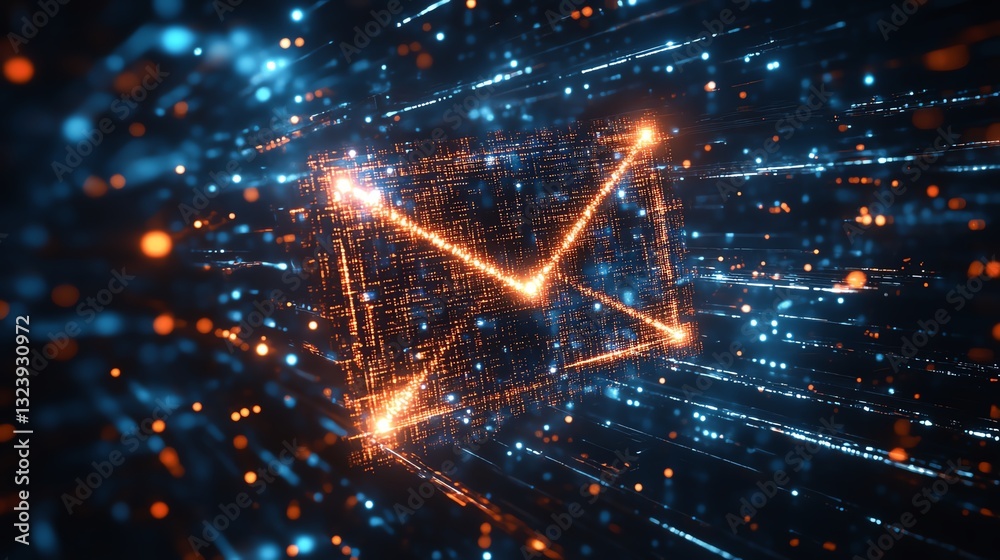 Poster 3D rendered futuristic email icon composed of glowing pixels in cyberspace, surrounded by virtual data streams and hightech digital elements