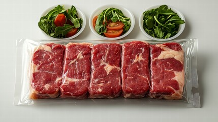 Fototapeta premium Fresh Cuts of Meat with Salad: Top-down studio shot of raw, fresh beef steaks neatly arranged in a plastic package alongside small bowls of fresh, vibrant salads, ready for a healthy meal.