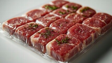 Obraz premium Fresh Cuts: Savor the visual allure of expertly prepared cuts of meat, promising culinary experiences. From this close-up perspective, witness the freshness of perfectly portioned delights.