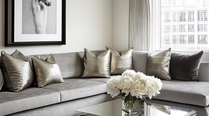 A modern living room with decorative pillows and flowers