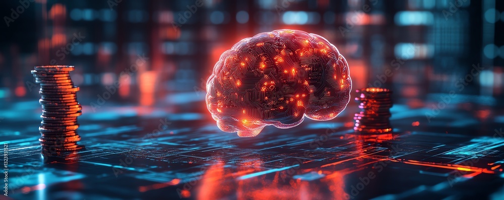 Poster advanced ai in finance with a glowing brain, stacked coins representing financial growth, digital el
