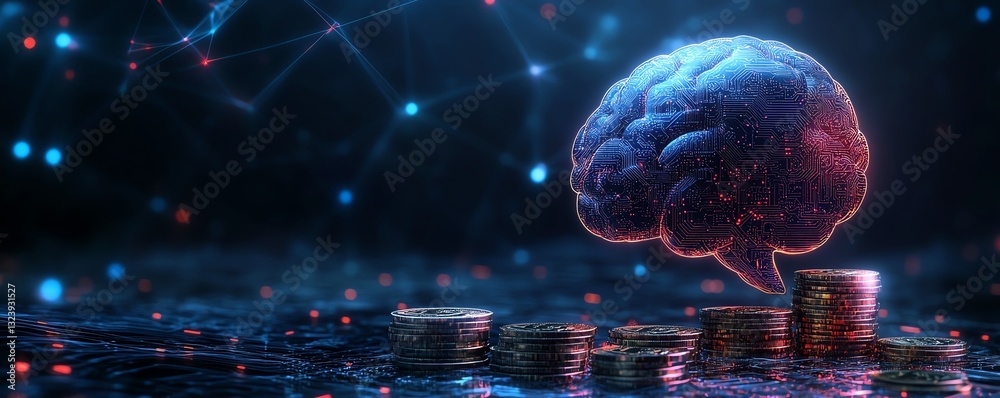 Poster advanced ai in finance with a glowing brain, stacked coins representing financial growth, digital el