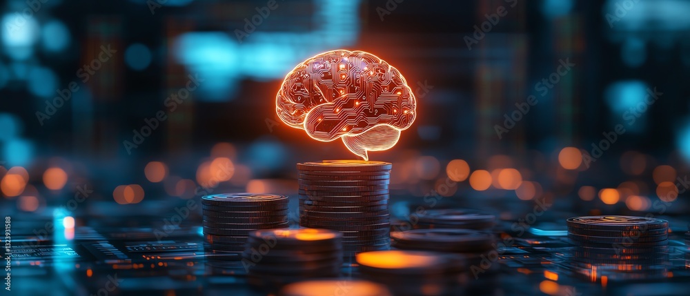 Poster aidriven finance concept with glowing brain on top of stacked coins, showcasing digital transformati