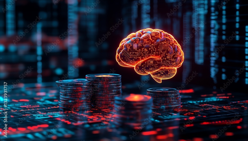 Leinwandbilder Artificial intelligence in finance with glowing brain over stacked coins, blending technology and finance with futuristic digital projections and algorithms