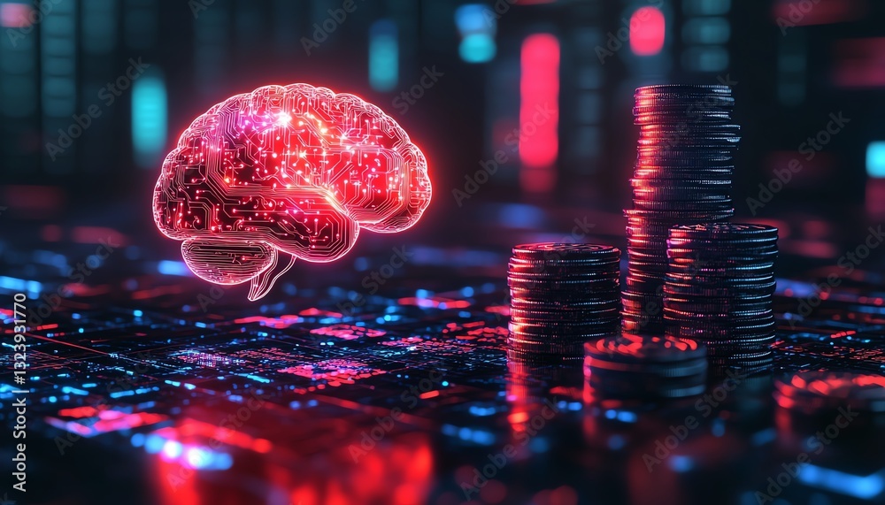 Poster artificial intelligence in finance with glowing brain over stacked coins, blending technology and fi