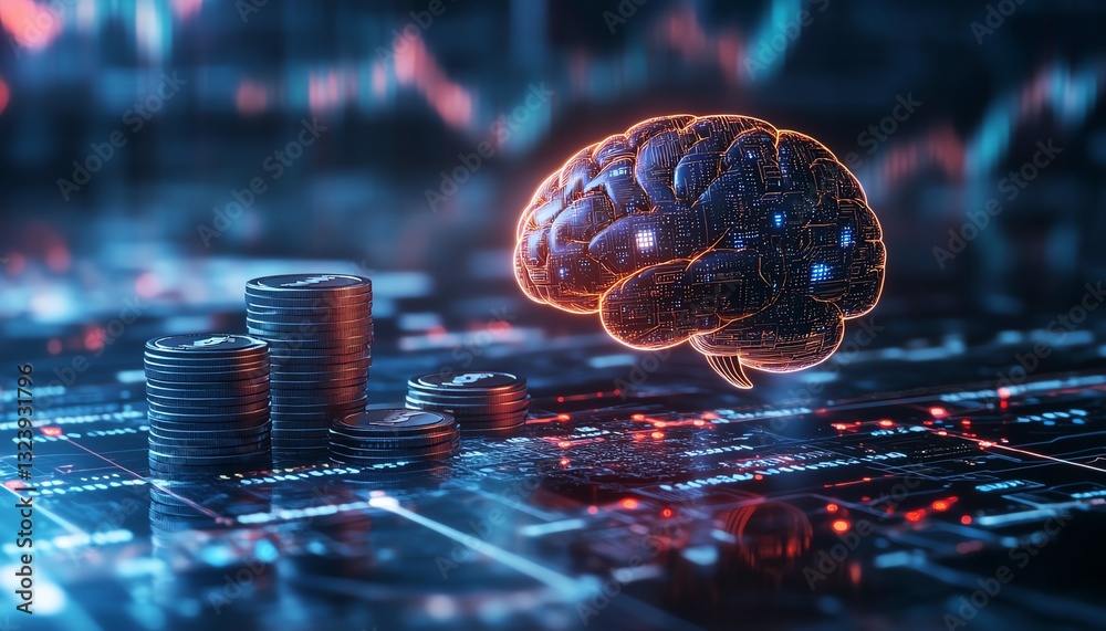 Aufkleber Artificial intelligence in finance with glowing brain over stacked coins, blending technology and finance with futuristic digital projections and algorithms