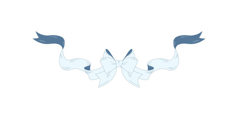 An elegant symmetrical ribbon illustration with a bow in a classic style. A delicate decorative element suitable for greeting cards, wedding invitations, packaging, and logos.
