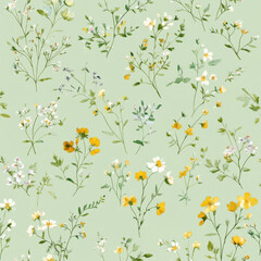 Seamless pattern with many small florals on light green background, vector illustration, graphic design, cute style, watercolor, green palette, high resolution, professional photography, 