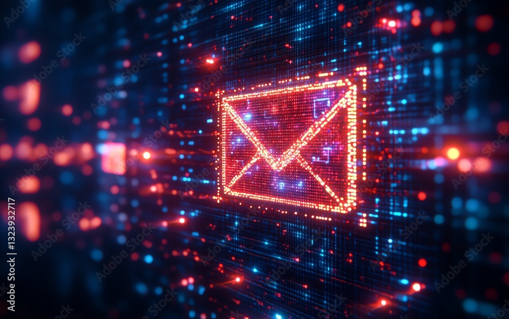 Aufkleber digital email icon glowing in cyberspace, formed by pixels, 3d rendering with neon lights, futuristi