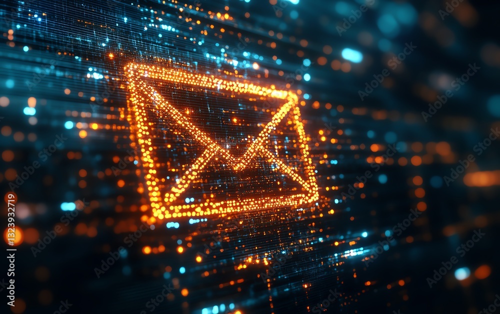 Poster digital email icon glowing in cyberspace, formed by pixels, 3d rendering with neon lights, futuristi