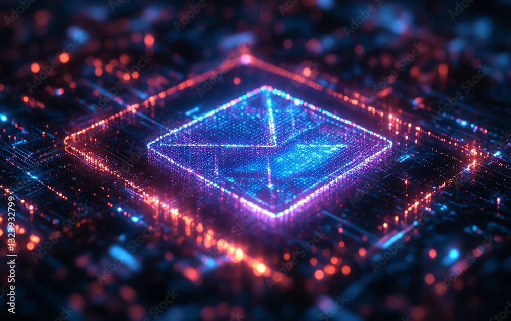 Poster digital email icon glowing in cyberspace, formed by pixels, 3d rendering with neon lights, futuristi