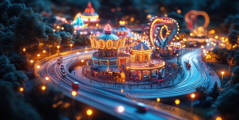 Carnival Amusement Park Neon Funfair Fantasy with Roller Coaster and Vibrant Night Lights