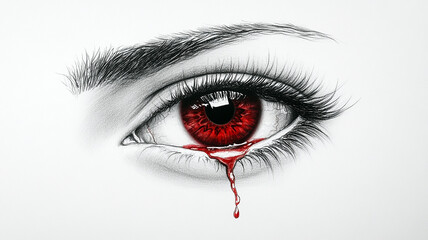 red liquid blood tear from female eye close up sorrow concept