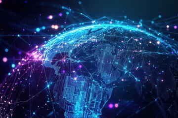 Obraz premium digital neural network visualized as glowing blue and purple nodes connecting across a translucent globe, with data streams flowing between major cities