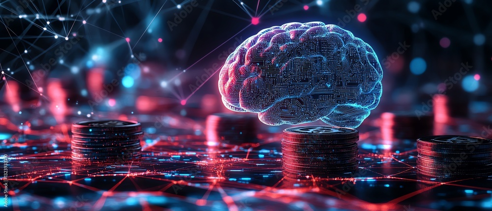 Poster futuristic aipowered finance with glowing brain above stacks of coins, connected to digital networks
