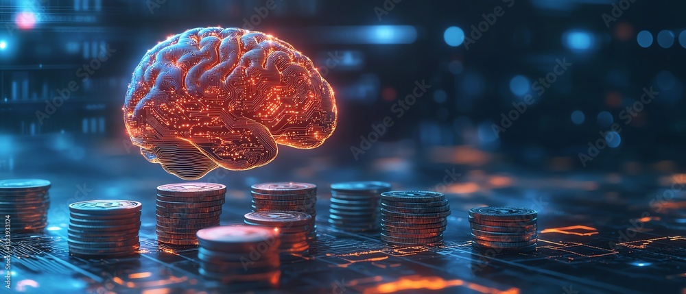Poster futuristic aipowered finance with glowing brain above stacks of coins, connected to digital networks