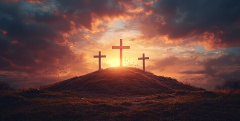 Dramatic Sunset Landscape with Wooden Crosses and American Flag Symbolizing Faith and Spirituality