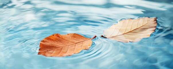 Two colorful leaves floating gently on the clear blue water surface