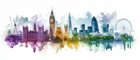 Fototapeta premium Colorful Watercolor Cityscape Skyline With Famous Landmarks of Major Global Cities Like London Paris and New York and Abstract Urban Landscape