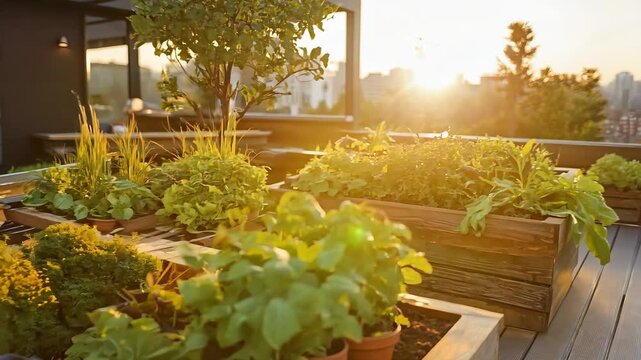 Enjoy a tranquil moment on a rooftop garden as vibrant herbs and fresh vegetables bask in the warm glow of the setting sun, surrounded by a serene urban landscape.