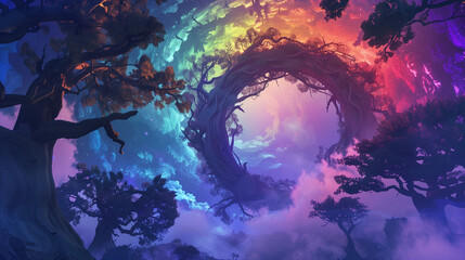 A mysterious portal in the middle of a forest, with swirling energy and a glimpse of another world beyond.