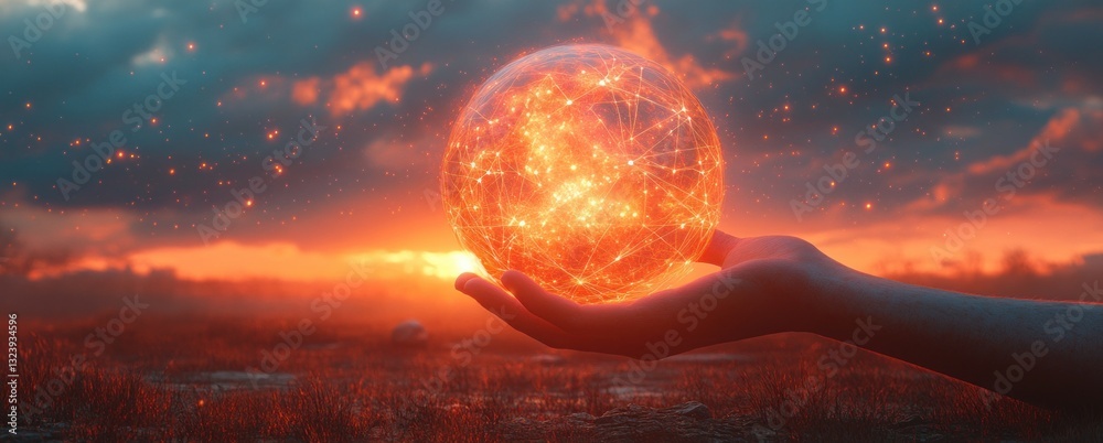 Poster hands holding global network and connection for digital marketing and social media in online busines