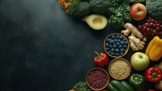 Healthy food flatlay, dark background, recipe blog