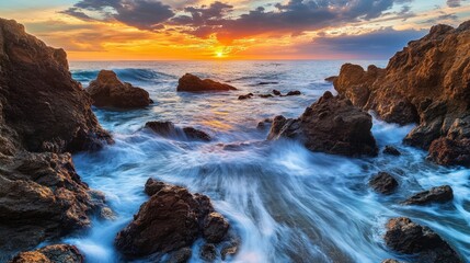 Obraz premium Breathtaking Sunset over Rocky Coastline with Gentle Ocean Waves