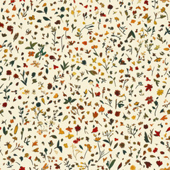 A pattern of small, hand-drawn illustrations of wildflowers and plants scattered across the surface. The color palette is warm with earthy tones 
