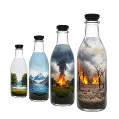 Glass bottles with nature scenes, isolated on transparent background