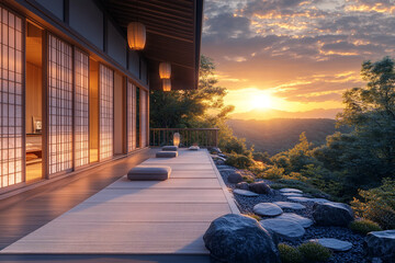 Fototapeta premium Nature’s Embrace: A Peaceful Japanese House Overlooking Mountains