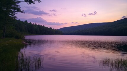 Fototapeta premium Tranquil Sunset Over Serene Lake Surrounded by Lush Greenery