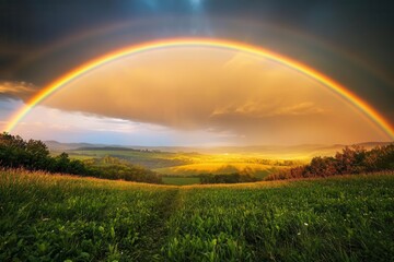Obraz premium double rainbow arching majestically over misty countryside meadow, golden sunlight filtering through parting storm clouds, creating dramatic light rays across verdant fields and distant rolling hills