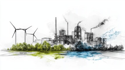 Sustainable Industrial Development and Renewable Energy in a Modernizing Cityscape A Contrast of Traditional Manufacturing and Eco Friendly Alternative Power Sources in an Urban Landscape Reflecting