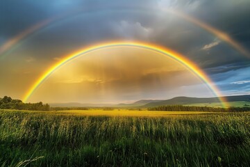 Naklejka premium double rainbow arching majestically over misty countryside meadow, golden sunlight filtering through parting storm clouds, creating dramatic light rays across verdant fields and distant rolling hills