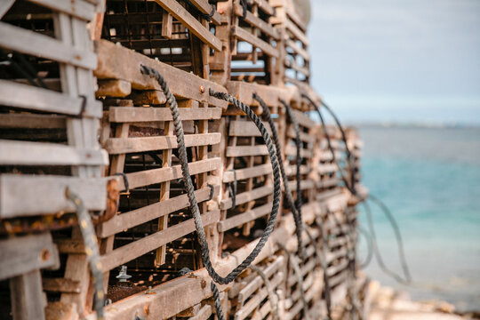 Close-up of stack of wooden craypots for commercial crayfishing